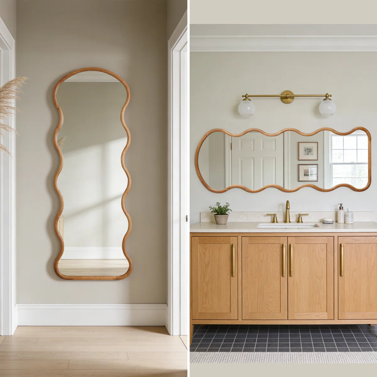 מראת גוף מעוצבת גלית עם מסגרת עץ 165×60 ס"מ – דגם Wavy