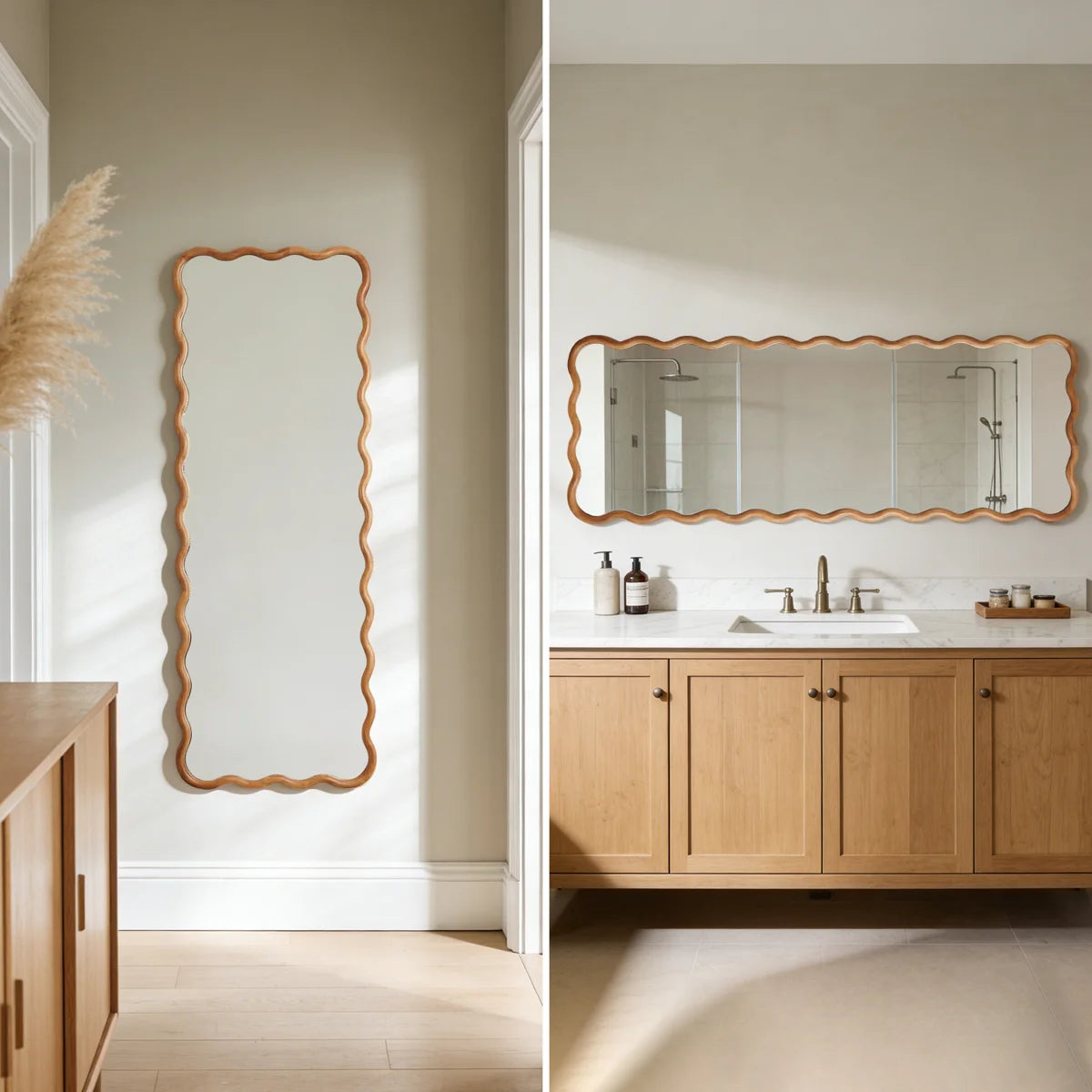 מראת גוף מעוצבת גלית עם מסגרת עץ 165×60 ס"מ – דגם Wavy