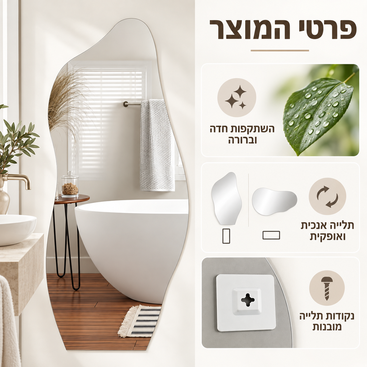 פרטי מראת Aria – השתקפות ברורה, תלייה אנכית ואופקית ונקודות תלייה מובנות