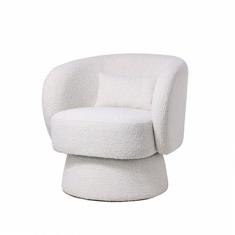 כורסה בוקלה יוקרתית בגוון שמנת מדגם Breeze, בעיצוב עגול ורך עם בסיס עץ טבעי – DreamIt.