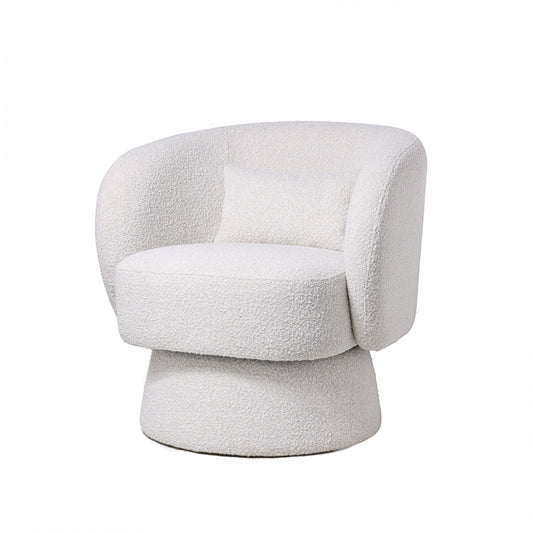 כורסה בוקלה יוקרתית בגוון שמנת מדגם Breeze, בעיצוב עגול ורך עם בסיס עץ טבעי – DreamIt.