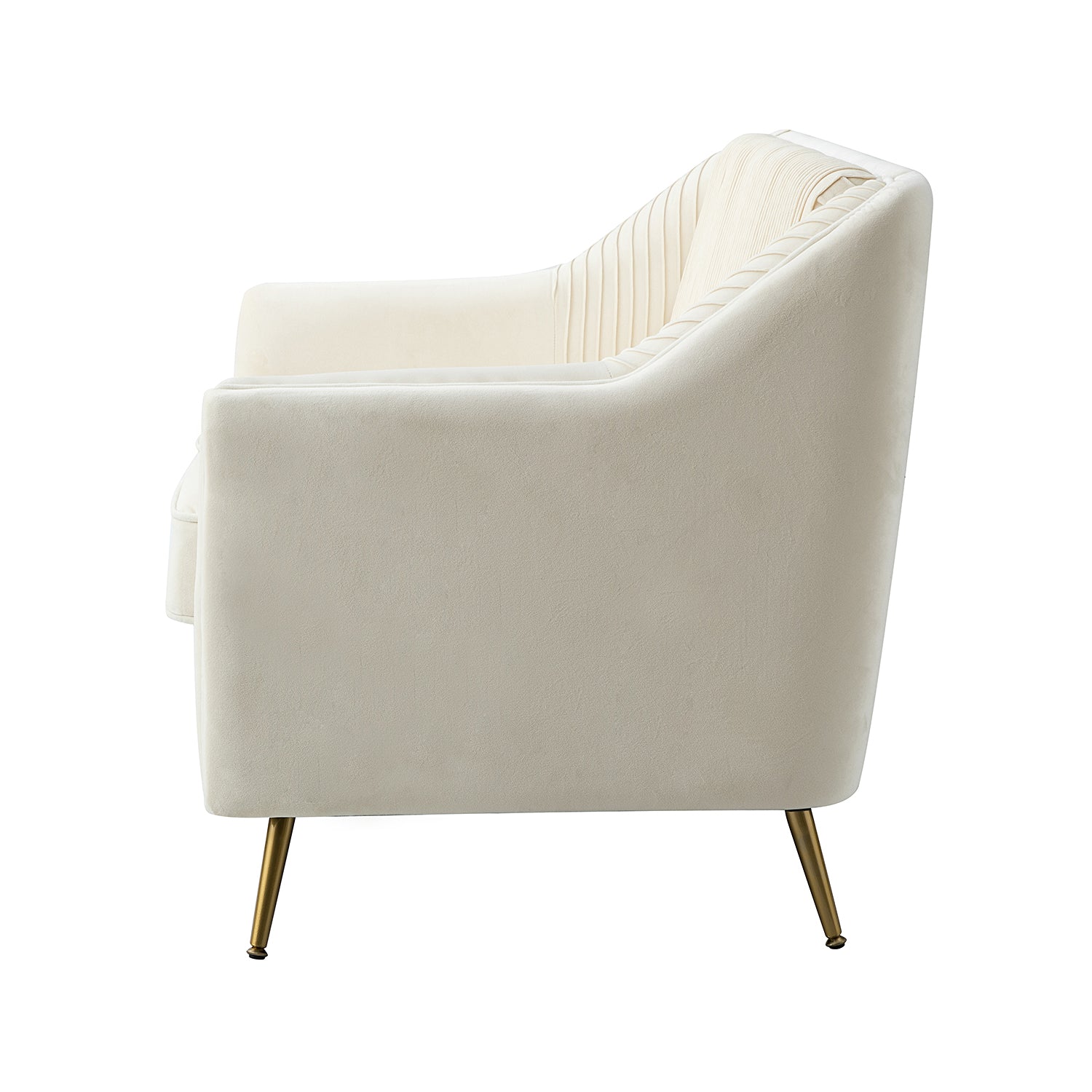 ספה דו מושבית מעוצבת מדגם Evelyn – מבט צד עם רגלי מתכת בציפוי זהב